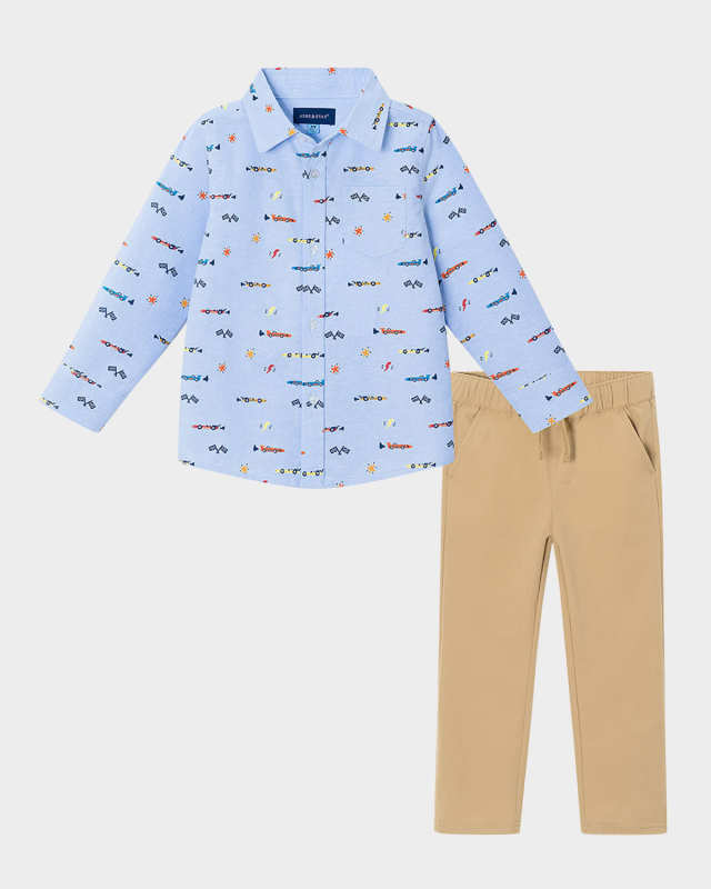 Boy's Chambray Racecar-Print Shirt & Pants Set, Size 2T-8